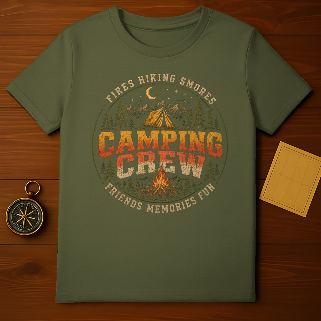 Olive green t-shirt with "Camping Crew" and outdoor adventure graphics.