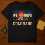 Black t-shirt with distressed Colorado flag, mountains, and trees graphic, text "COLORADO".