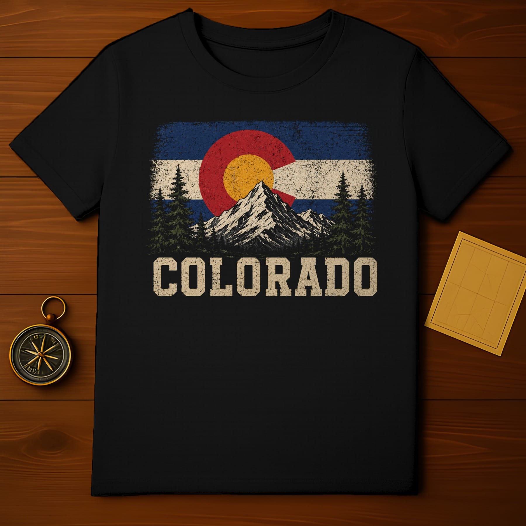 Black t-shirt with distressed Colorado flag, mountains, and trees graphic, text "COLORADO".