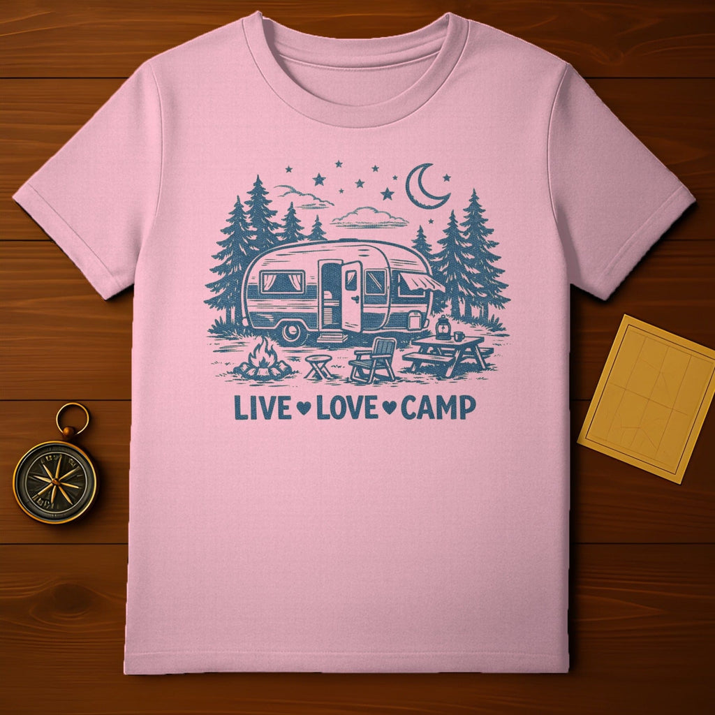 Live Love Camp Graphic on Pink T-Shirt for Outdoor Enthusiasts