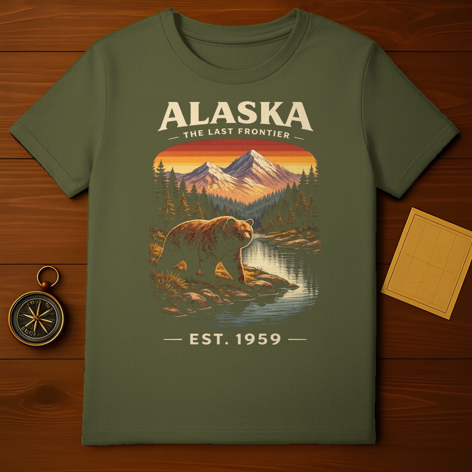 Alaska The Last Frontier Bear Mountain Est 1959 product type
Alaska
Last Frontier
Bear graphic
Mountain scene
Nature print
Wildlife art
River landscape
Forest design
Adventure style
Outdoor theme
Vintage Alaska
Retro design
Travel souvenir
Grizzly bear
National park
Est 1959
Explore Alaska
Wilderness shirt
Camping gear
Hiking apparel
