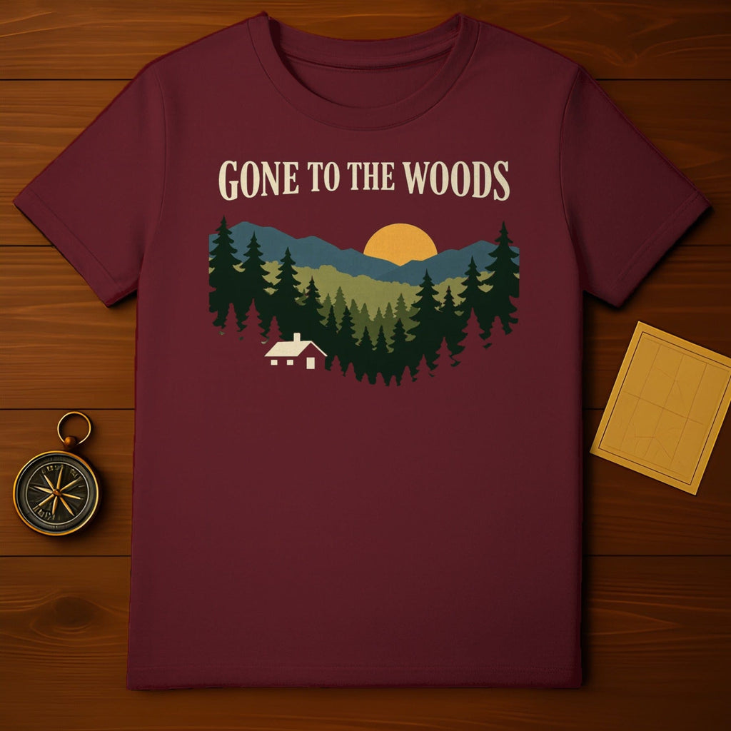 GONE TO THE WOODS Forest Scene Cabin Mountains Sun product type