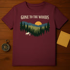 GONE TO THE WOODS Forest Scene Cabin Mountains Sun product type