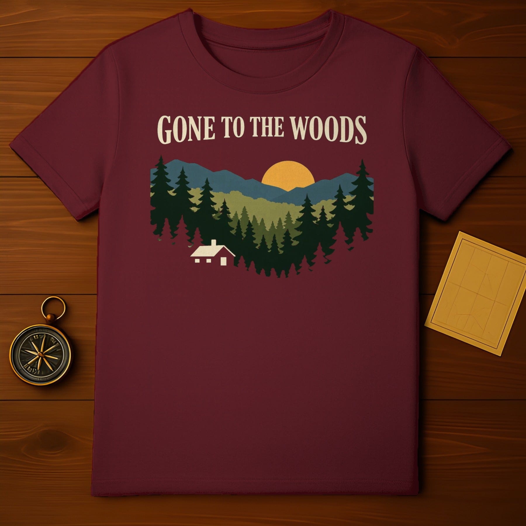 GONE TO THE WOODS Forest Scene Cabin Mountains Sun product type