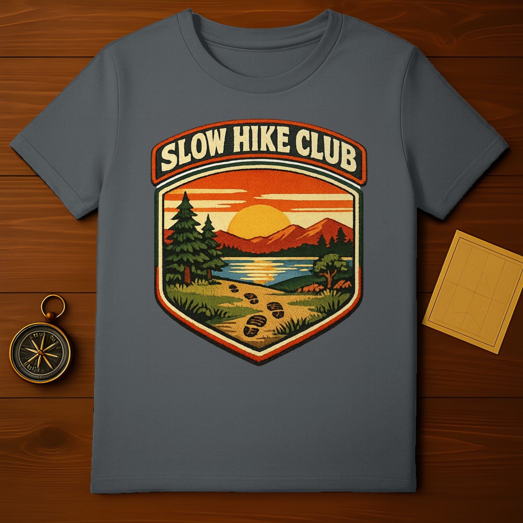 Slow Hike Club Adventure Sunset Design Shirt