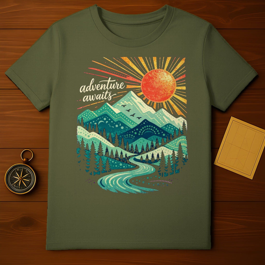 Adventure Awaits Mountain and Sun Graphic T-shirt