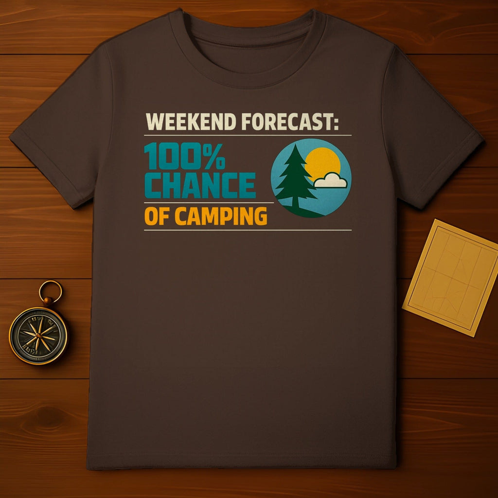 WEEKEND FORECAST 100% CHANCE OF CAMPING product type
weekend forecast
camping
outdoors
adventure
nature
graphic tee
funny
humor
quote shirt
slogan tee
forest design
sun and clouds
wilderness
camp life
exploration
travel
summer shirt
vacation wear
outdoor activity
camping trip