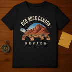 Black t-shirt featuring a tortoise silhouette filled with Red Rock Canyon scenery and text.