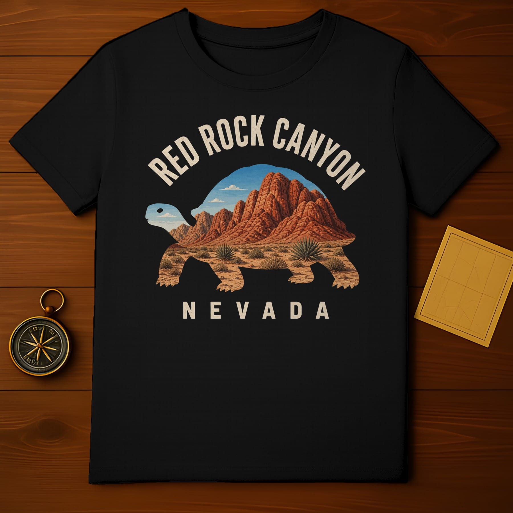 Black t-shirt featuring a tortoise silhouette filled with Red Rock Canyon scenery and text.