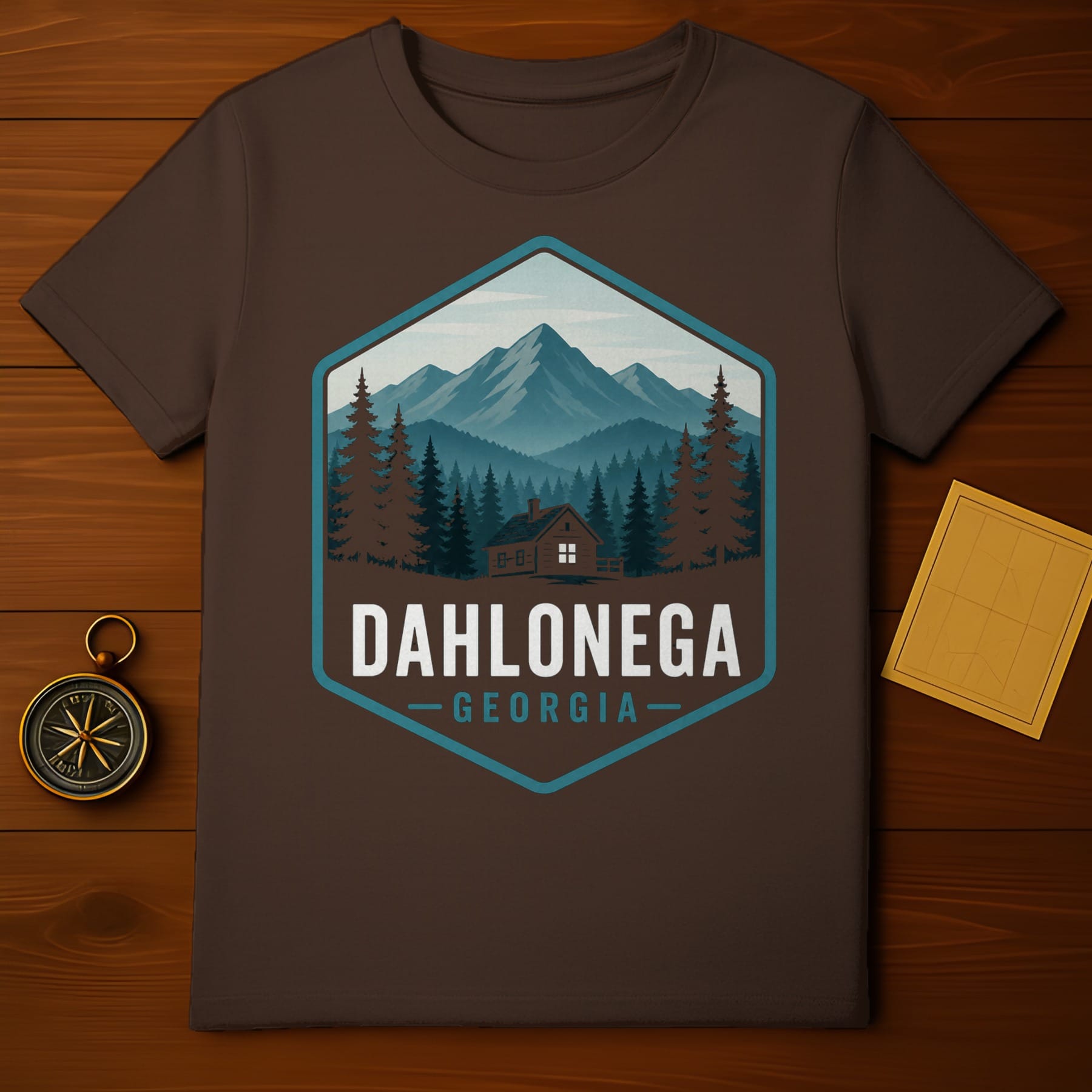 Brown t-shirt featuring a hexagonal graphic of a cabin in the mountains, labeled Dahlonega Georgia.