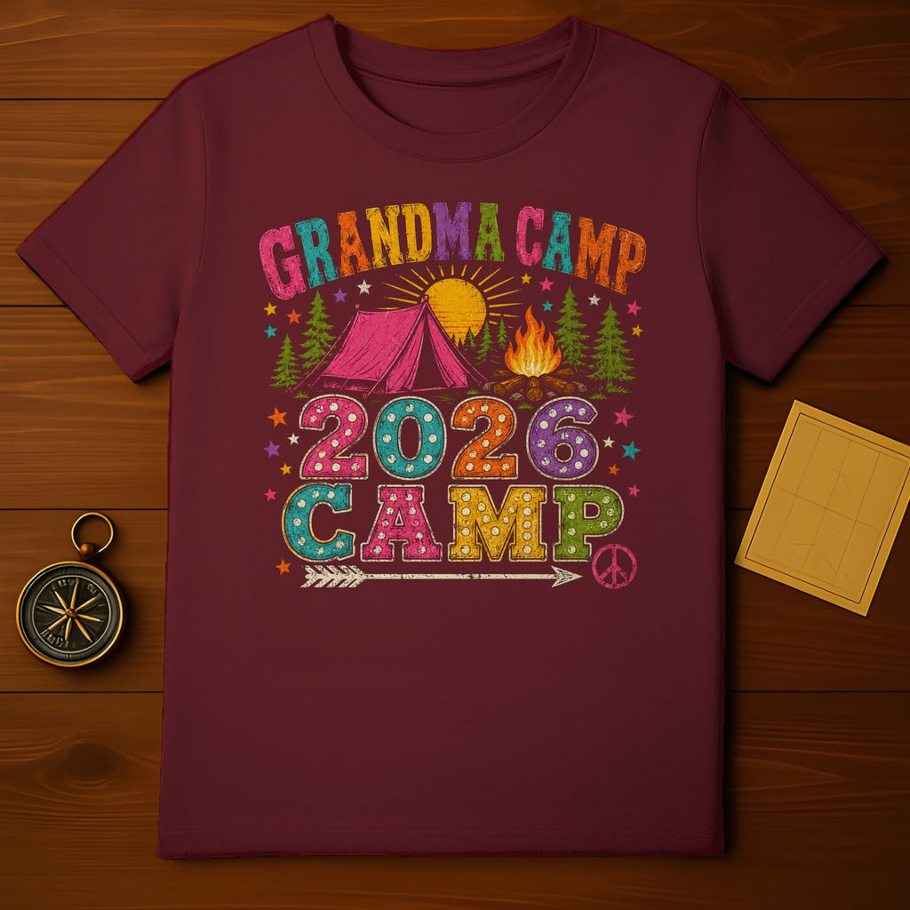 Grandma Camp 2026 design with tent, campfire, and peace signs.