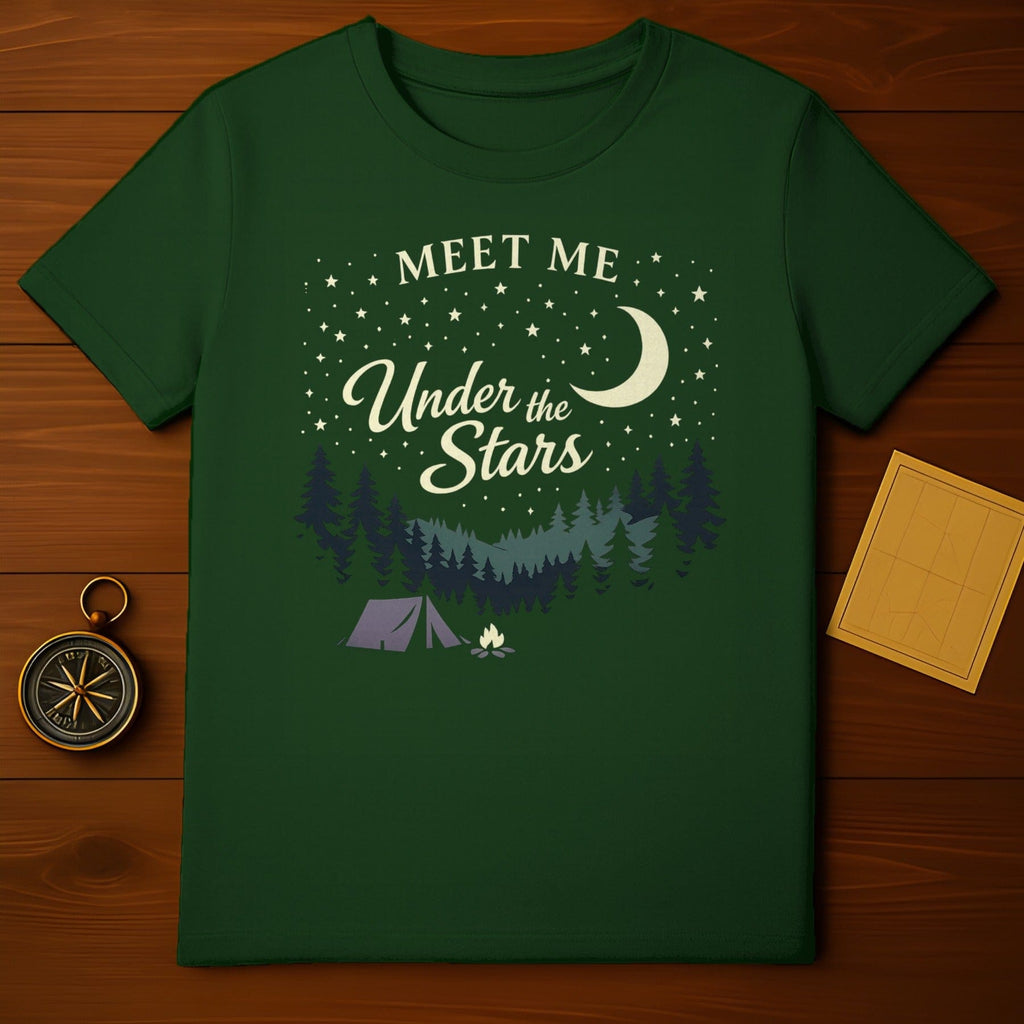 Meet Me Under the Stars Moon Camping Night product type
T-shirt, Camping, Stars, Moon, Night sky, Forest, Trees, Tent, Campfire, Outdoors, Adventure, Nature, Explore, Wanderlust, Graphic tee, Dark green, Cosmic, Celestial, Stargazing, Wilderness