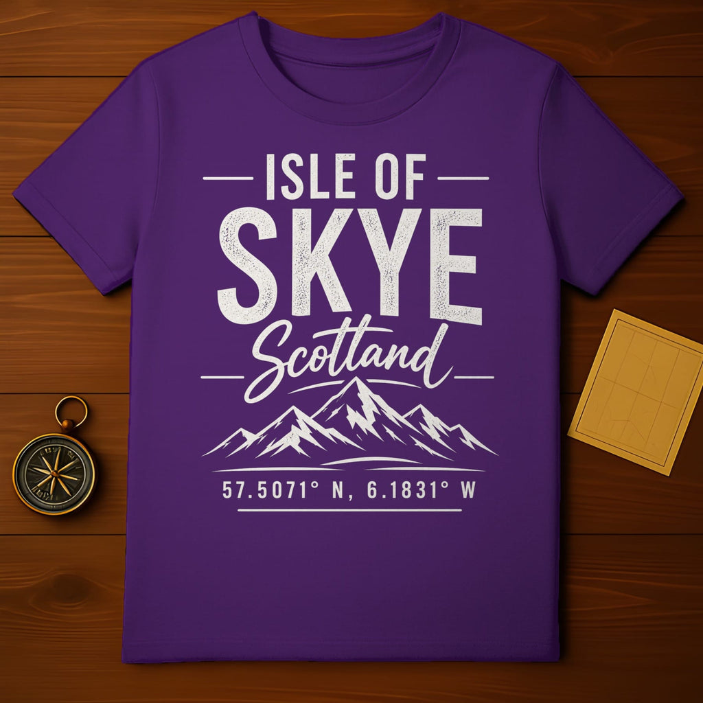 Purple t-shirt with "Isle of Skye Scotland" and mountain graphic.
