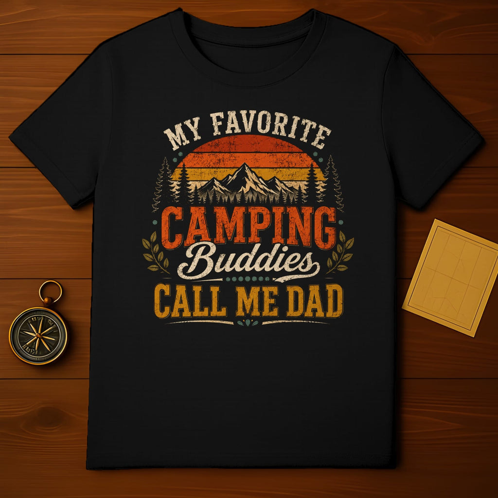 Black t-shirt with "My Favorite Camping Buddies Call Me Dad" text and mountain graphic.