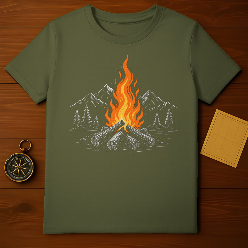 Olive green t-shirt with a graphic of a campfire and pine trees.
