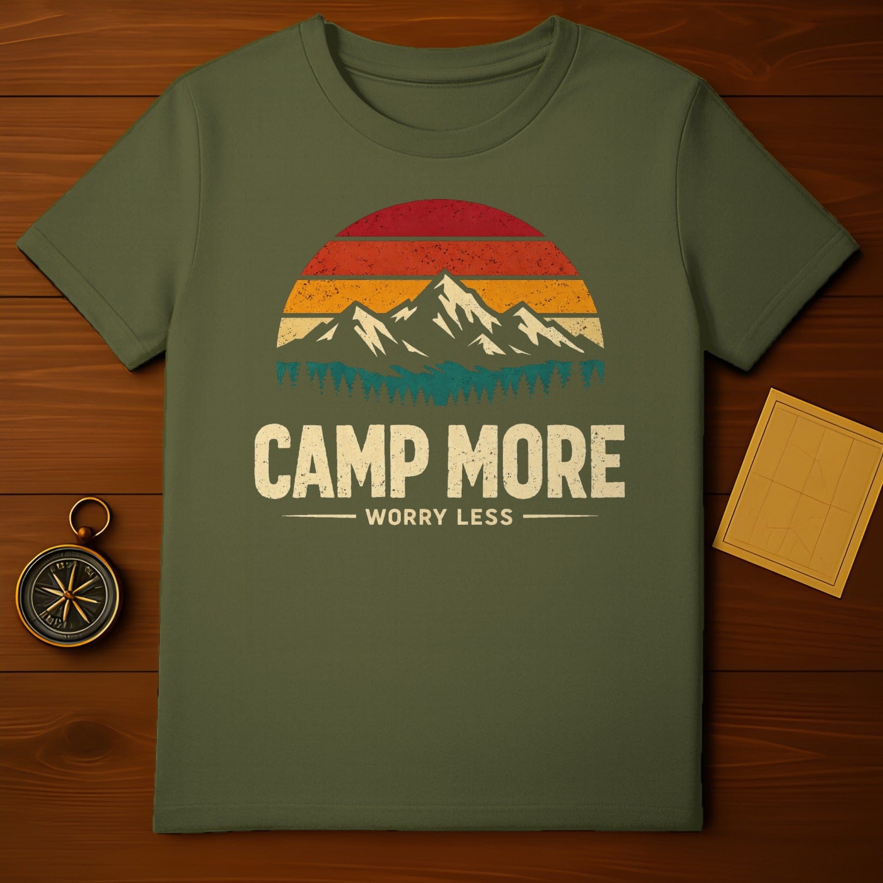 Vintage Sunset Mountain Forest Camp More Worry Less T-shirt