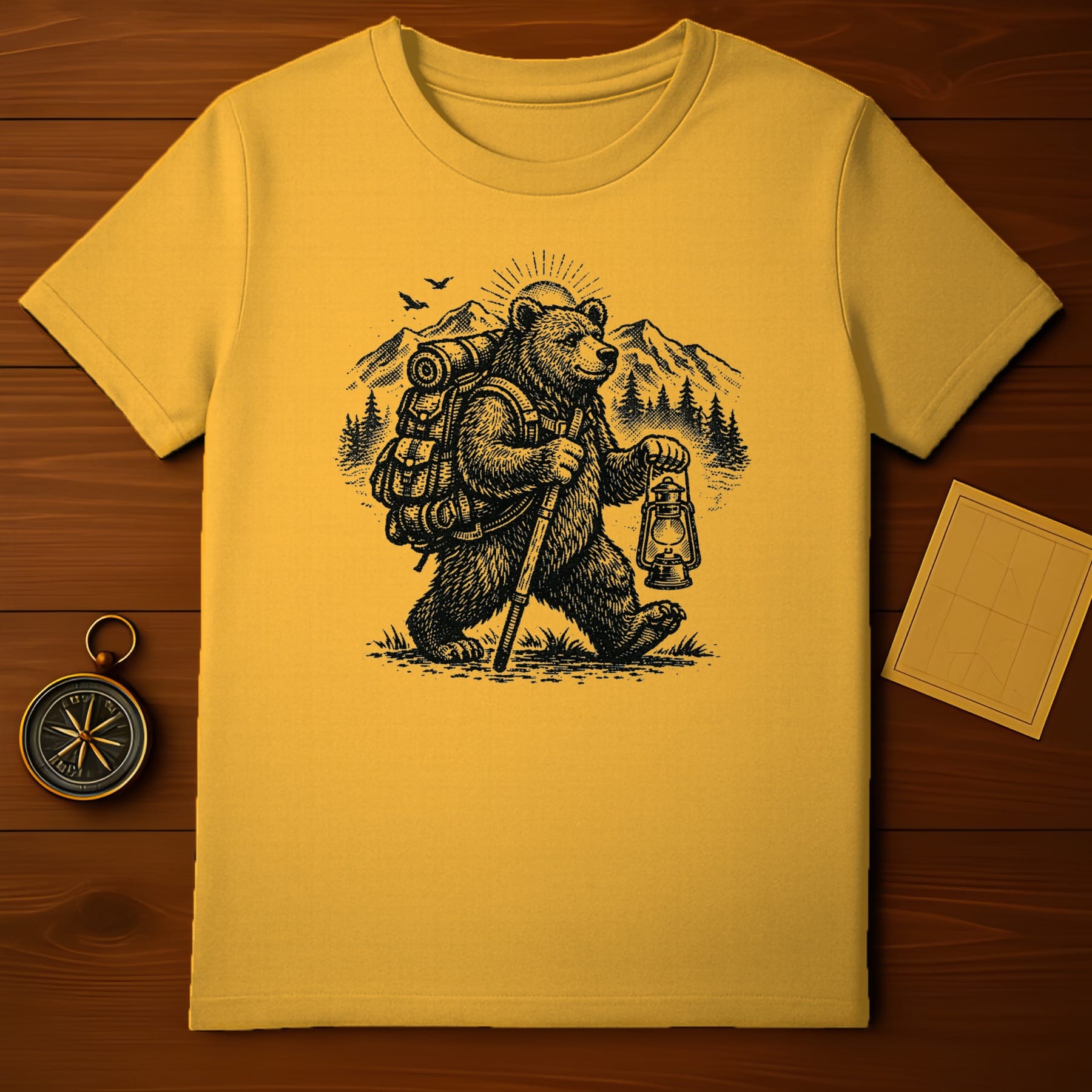 Hiking Bear with Lantern Design T-Shirt for Outdoor Enthusiasts