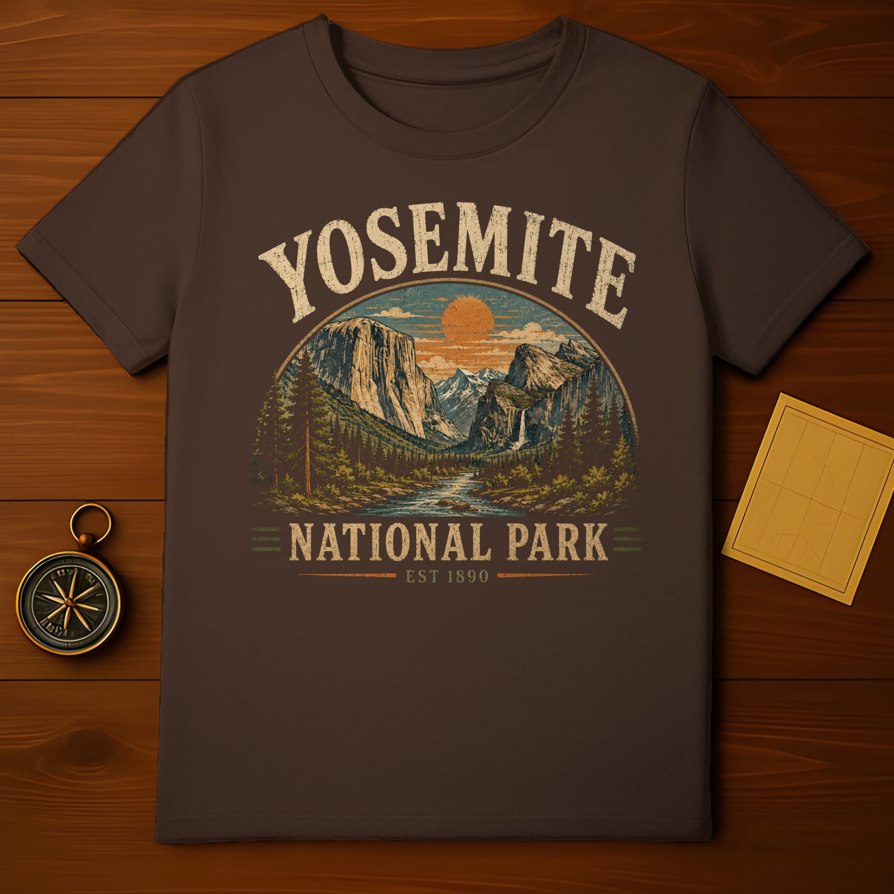 Brown t-shirt with Yosemite National Park graphic and Est 1890 text.