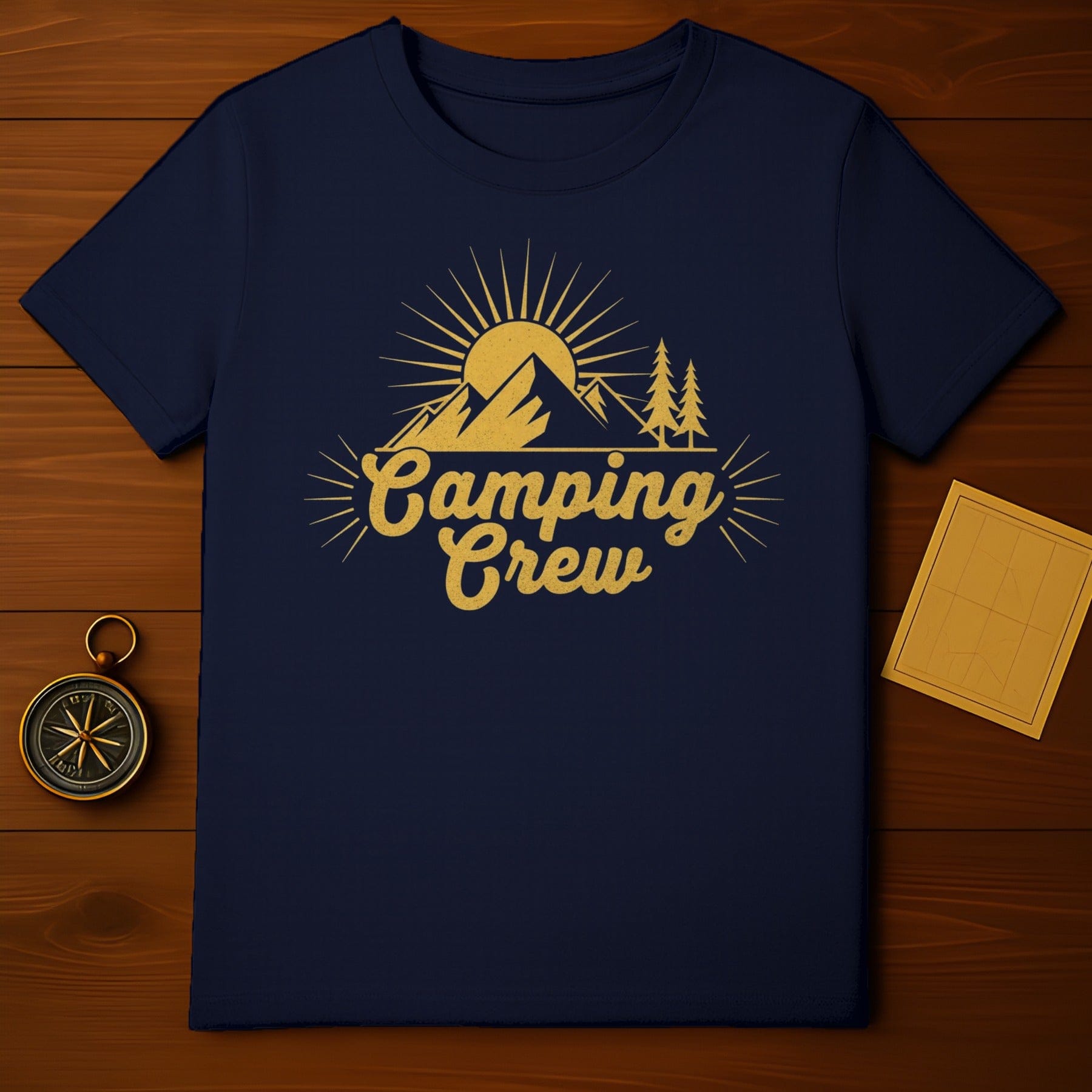 Camping Crew T-Shirt with Mountain and Sun Design
