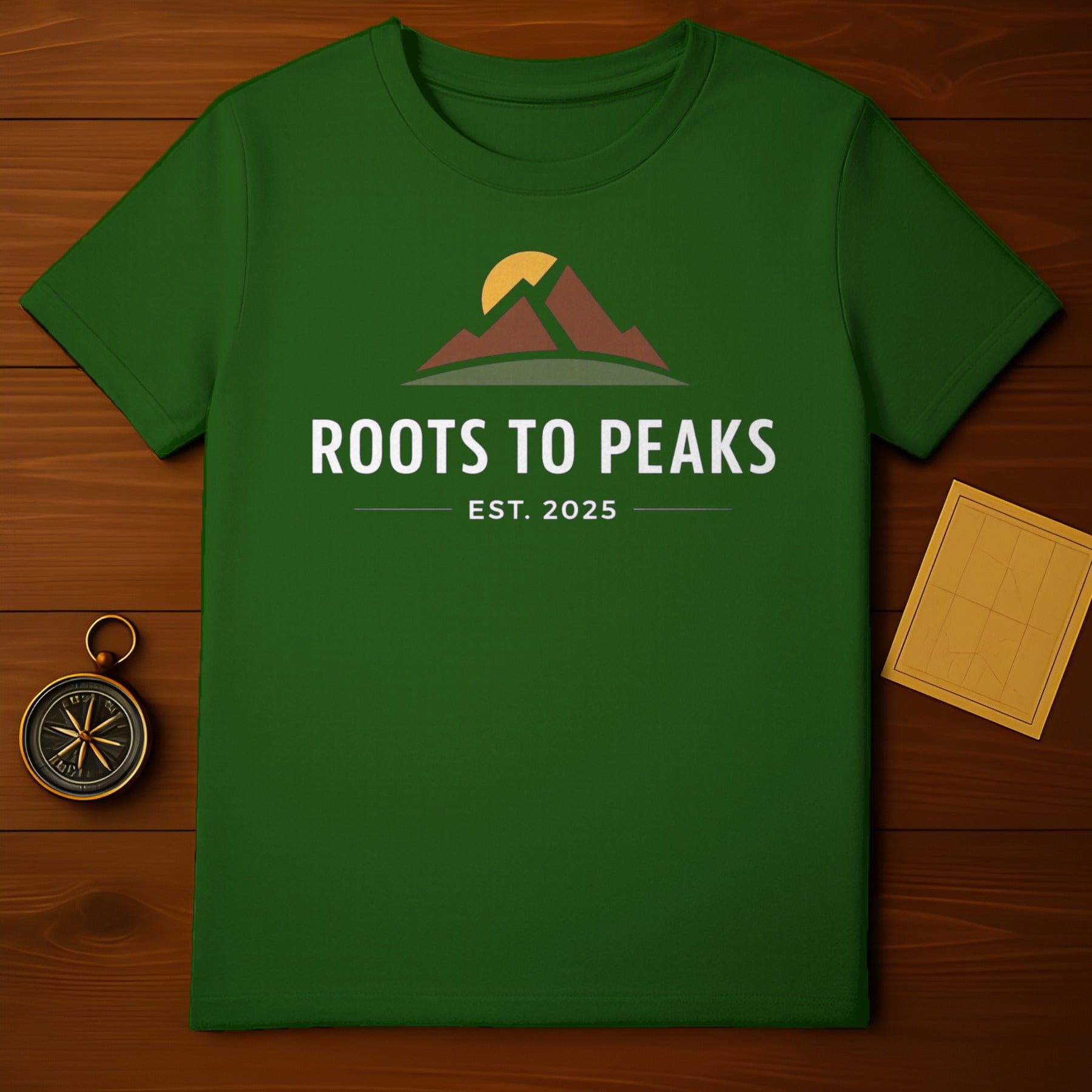 ROOTS TO PEAKS EST 2025 Mountain Sun Graphic Tee product type
Green T-Shirt, Roots To Peaks, Mountain Graphic, Sun Design, Adventure Tee, Outdoor Apparel, Nature Shirt, Graphic Tee, Est 2025, Hiking Shirt, Explore Fashion, Unique T-Shirt, Casual Wear, Forest Green, Mountain Lover, Peaks Design, Earthy Tones, Travel Shirt, Wilderness Gear, Stylish Tee