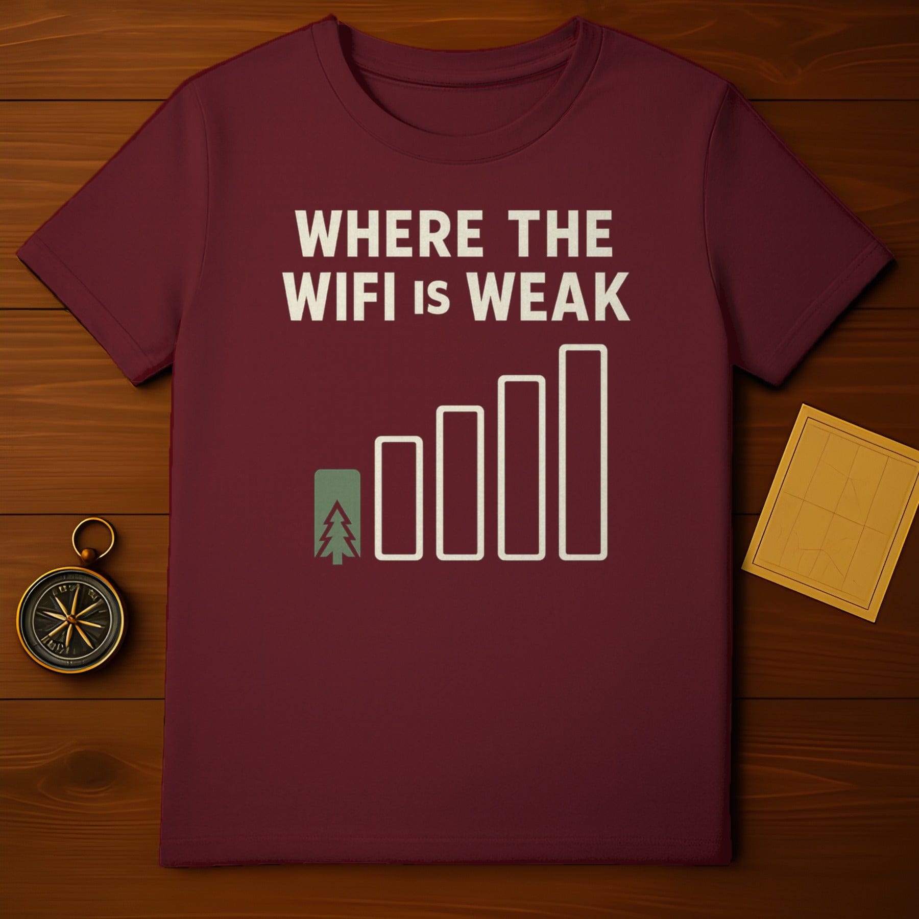 WHERE THE WIFI IS WEAK T-Shirt product type
T-Shirt, Weak WiFi, No Signal, Outdoors Tee, Adventure Gift, Camping Gear, Nature Lover, Hiking Shirt, Forest Life, Wilderness Wear, Digital Detox, Explore More, Travel Outfit, Funny Saying, Graphic Apparel, Tree Icon, WiFi Bars, Maroon Color, Burgundy Top, Offline Vibe