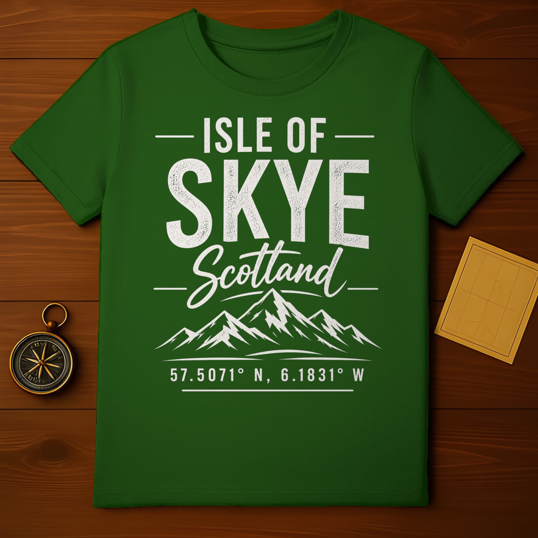 Green t-shirt with "Isle of Skye, Scotland" text and mountain graphic.