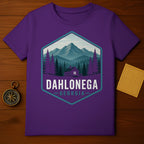 Purple t-shirt with Dahlonega, Georgia mountain and cabin graphic.
