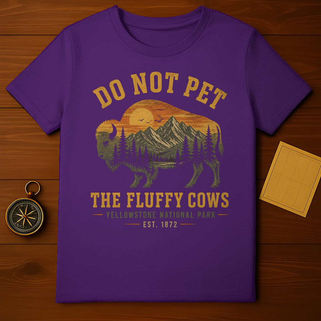 Purple t-shirt with "Do Not Pet The Fluffy Cows" Yellowstone National Park design.