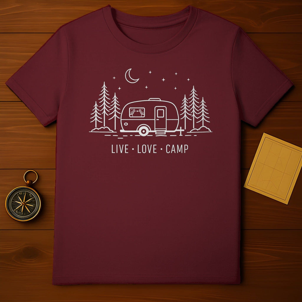 Maroon Camper Pine Trees Moon Stars Live Love Camp T-Shirt product type
