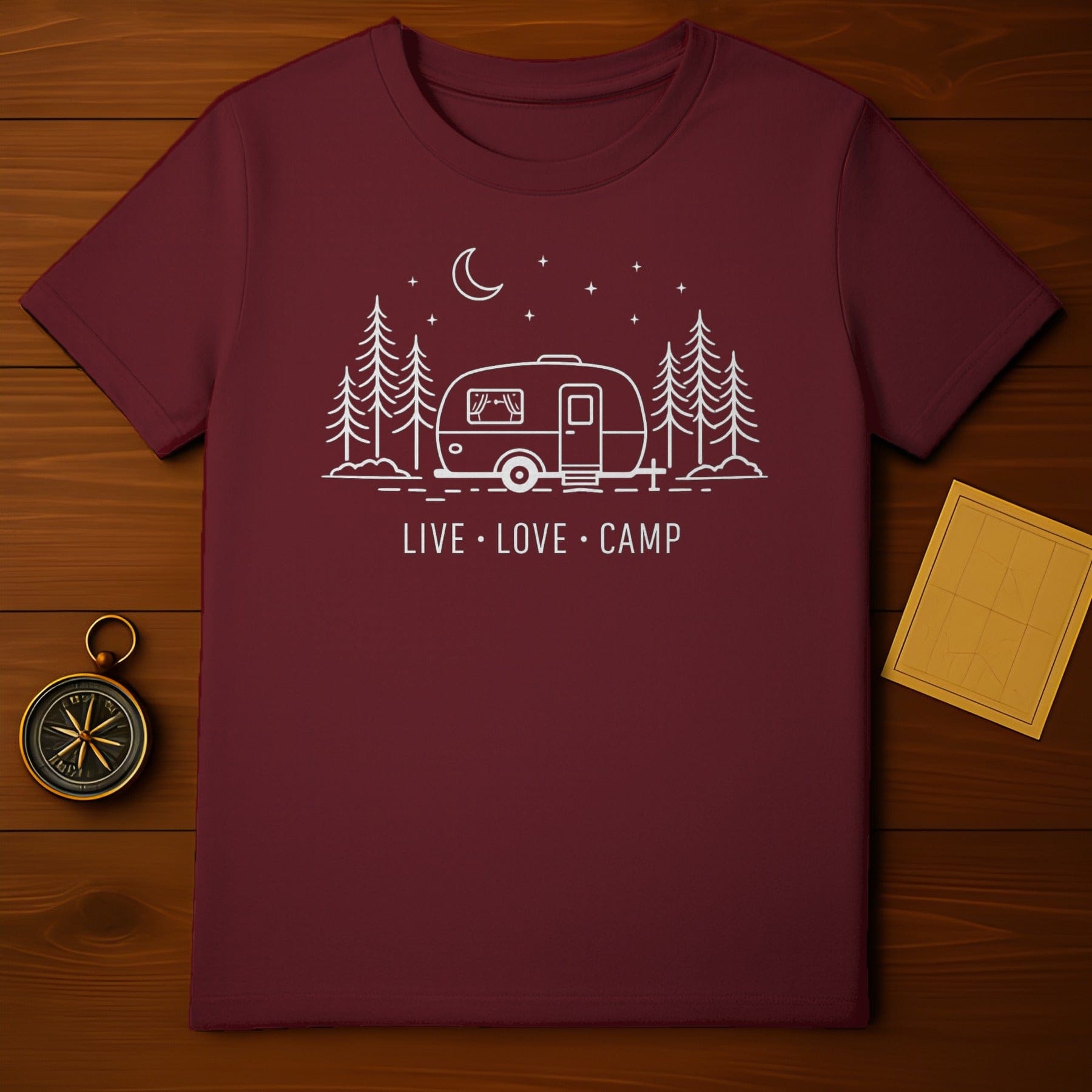 Maroon Camper Pine Trees Moon Stars Live Love Camp T-Shirt product type