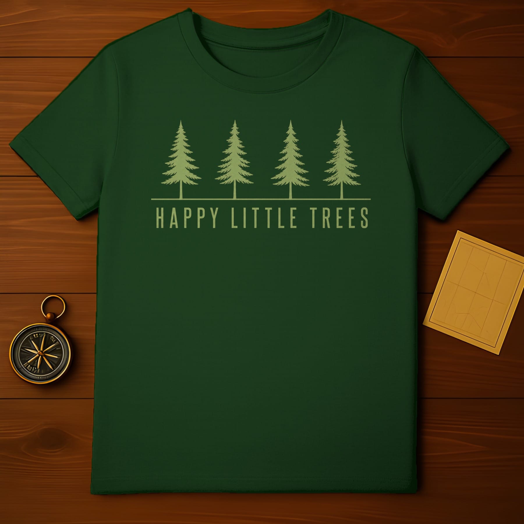 Green t-shirt with "HAPPY LITTLE TREES" text and pine tree graphic.