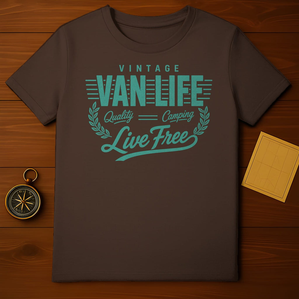 Brown t-shirt with "Vintage Van Life Live Free" turquoise text.