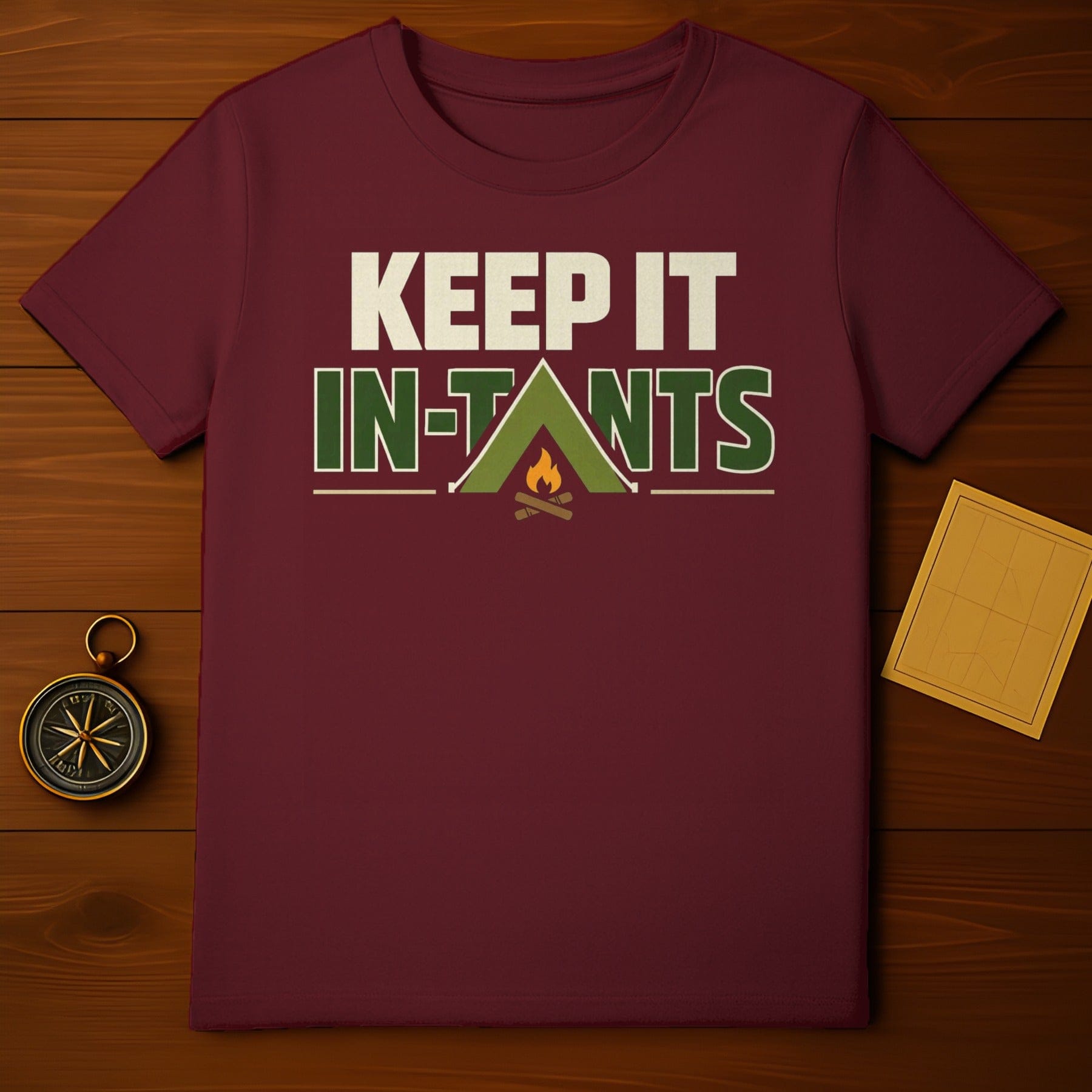 KEEP IT IN-TANTS Camping Tent Campfire Pun product type
Camping
Camp Life
Outdoor Fun
Adventure
Tent Life
Bonfire
Campfire
Keep It In Tents
Humorous
Funny Quote
Wilderness
Nature Lover
Hiking
Glamping
Outdoorsy
Travel
Explore
Graphic Tee
Maroon Shirt
Slogan Top