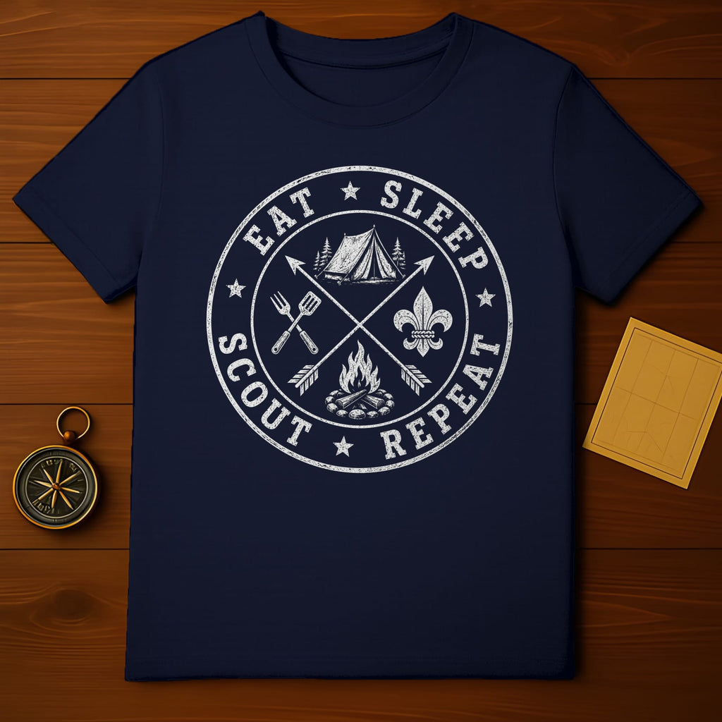 Navy t-shirt with "Eat Sleep Scout Repeat" circular graphic and camping elements.