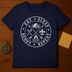 Navy t-shirt with "Eat Sleep Scout Repeat" circular graphic and camping elements.