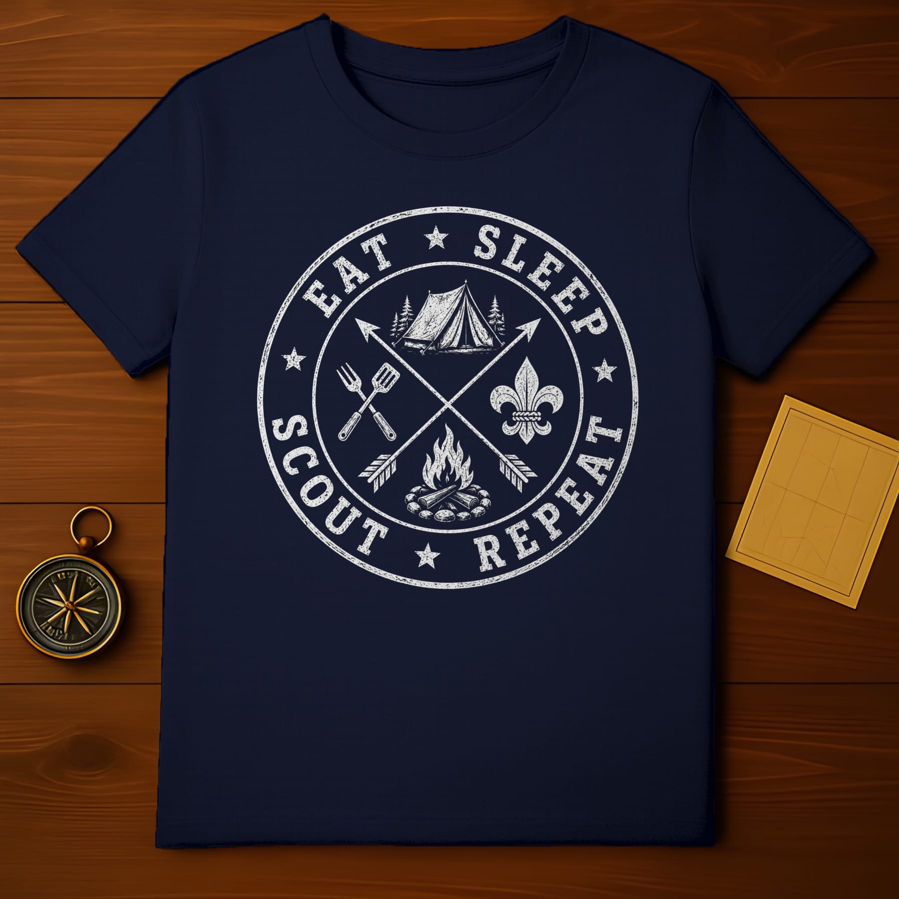 Navy t-shirt with "Eat Sleep Scout Repeat" circular graphic and camping elements.