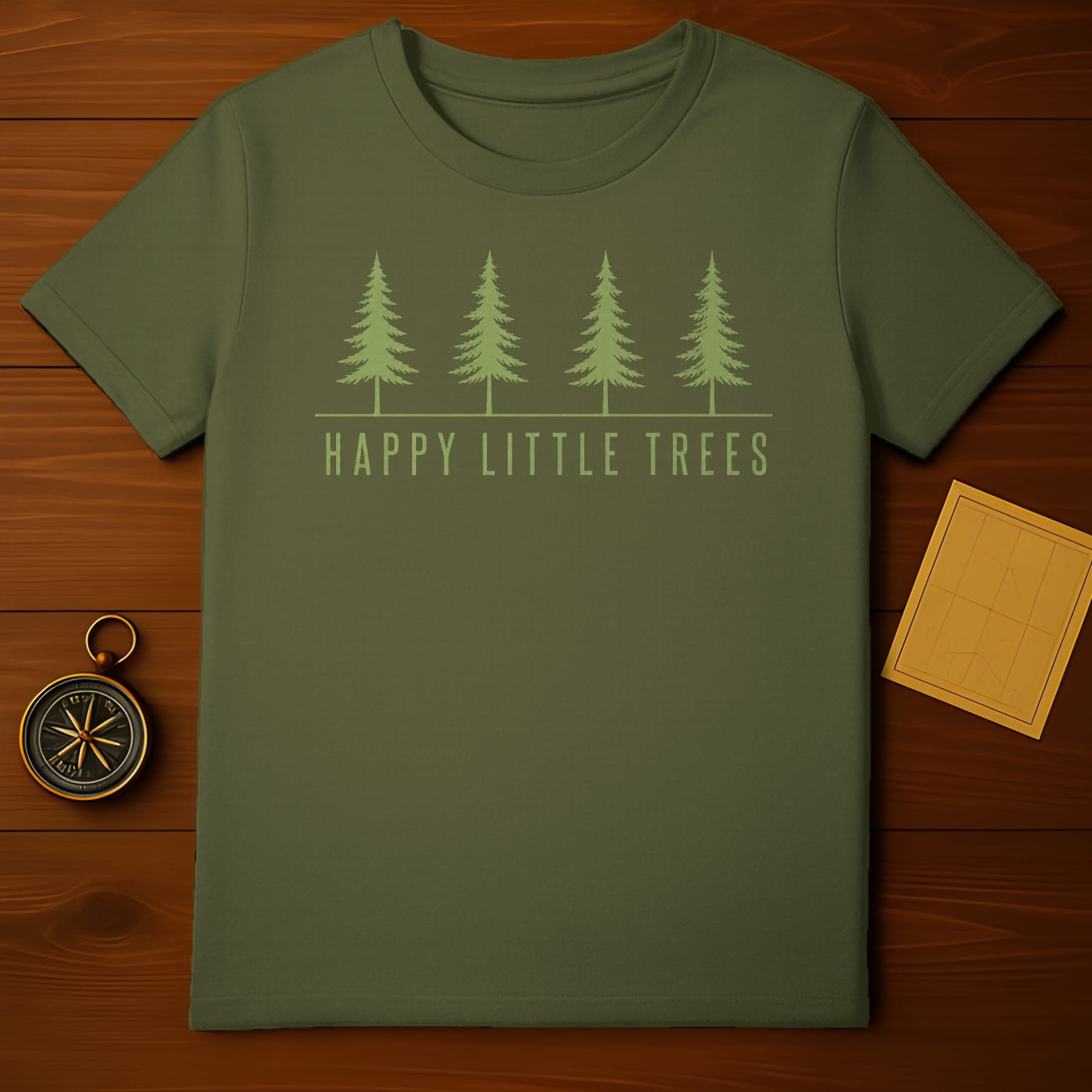 Green t-shirt with "Happy Little Trees" and four pine trees.