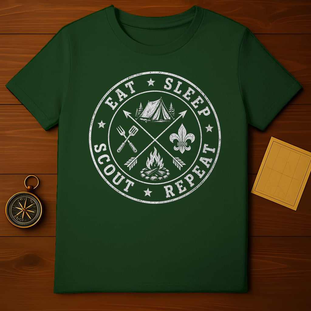 Green t-shirt with "Eat Sleep Scout Repeat" circular graphic featuring camping elements.