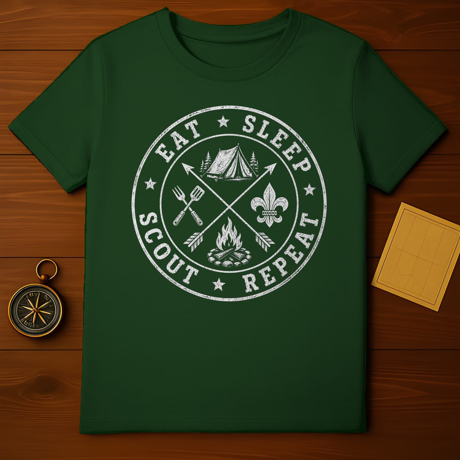 Green t-shirt with "Eat Sleep Scout Repeat" circular graphic featuring camping elements.
