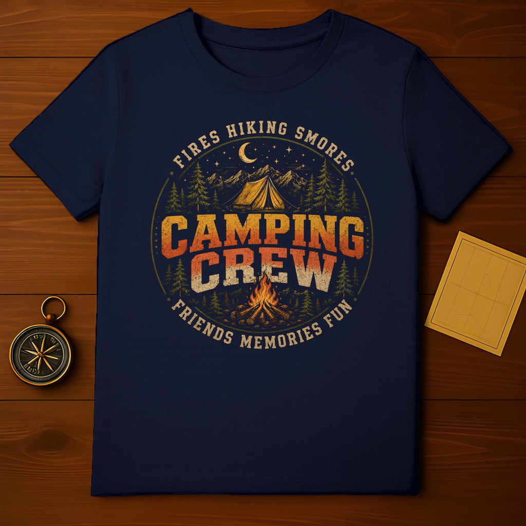 Dark blue t-shirt with "Camping Crew" graphic, vintage camping elements, and text.