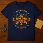 Dark blue t-shirt with "Camping Crew" graphic, vintage camping elements, and text.