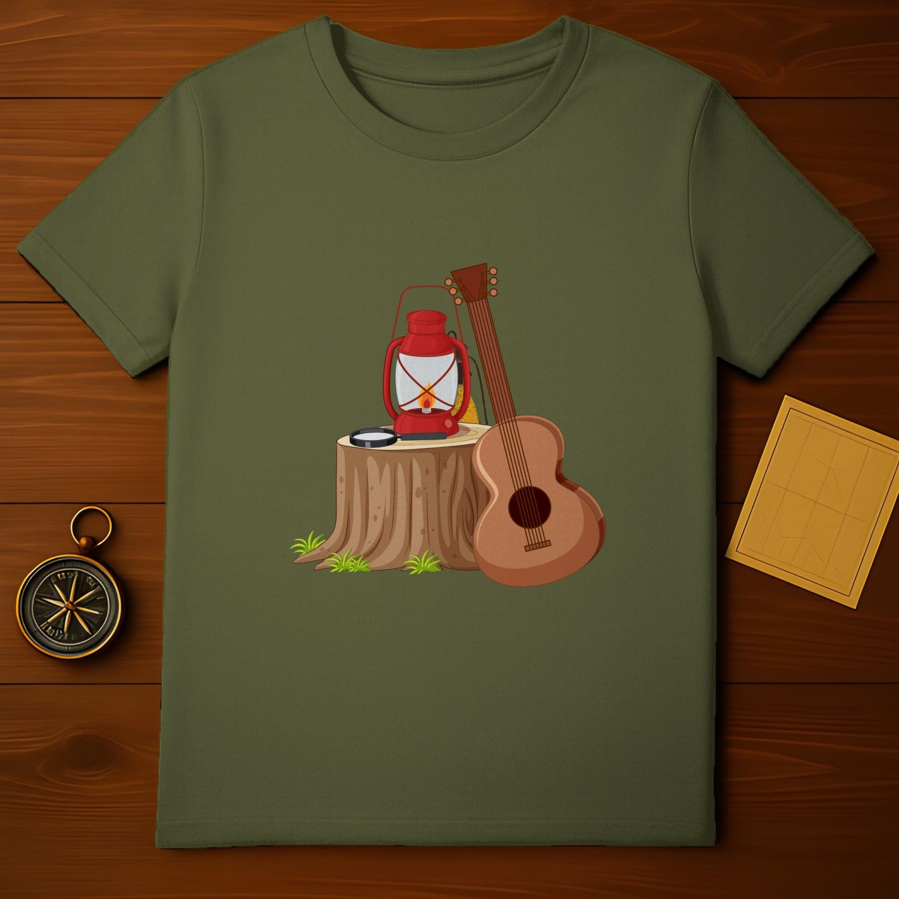 Camping Lantern and Guitar Graphic T-Shirt