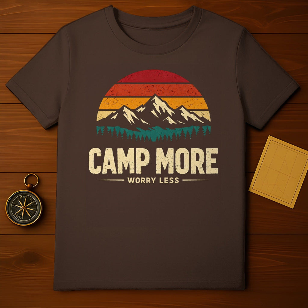 Retro Camp More Worry Less Mountains Forest Sunrise Sunset product type
camping
outdoor
adventure
mountains
forest
nature
retro
vintage
sunset
sunrise
campmore
worryless
explore
wilderness
hiking
travel
brownshirt
graphictee
camplife
outdoorsy