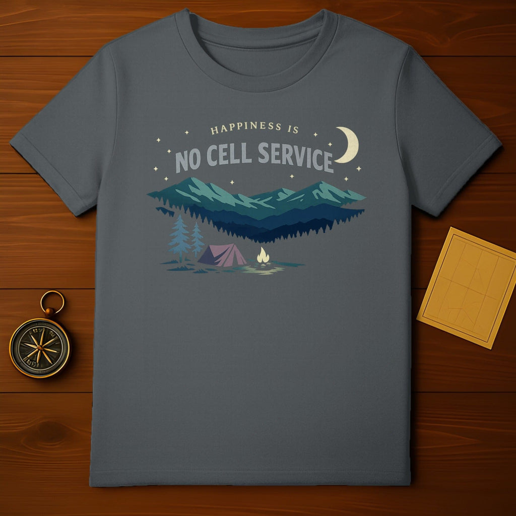 HAPPINESS IS NO CELL SERVICE MOUNTAIN CAMPING T-shirt
Camping, Outdoor, Adventure, Nature, Mountains, No Cell Service, Unplugged, Disconnect, Wilderness, Campfire, Tent Life, Night Sky, Happiness Quote, Graphic Tee, Grey Shirt, Forest Design, Exploration, Travel Gear, Getaway, Outdoorsy