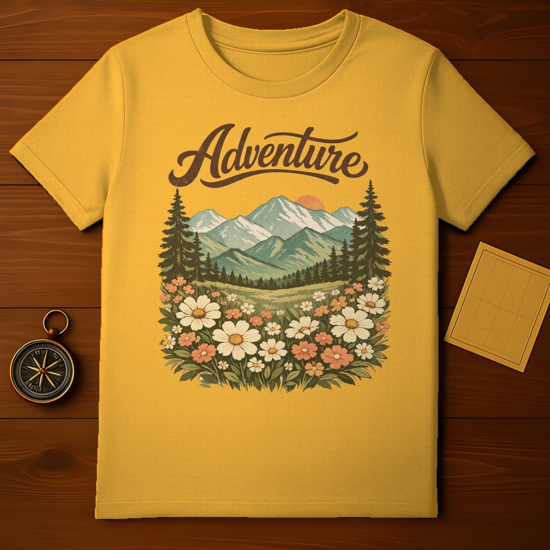 Adventure Mountain Scene with Flowers T-shirt