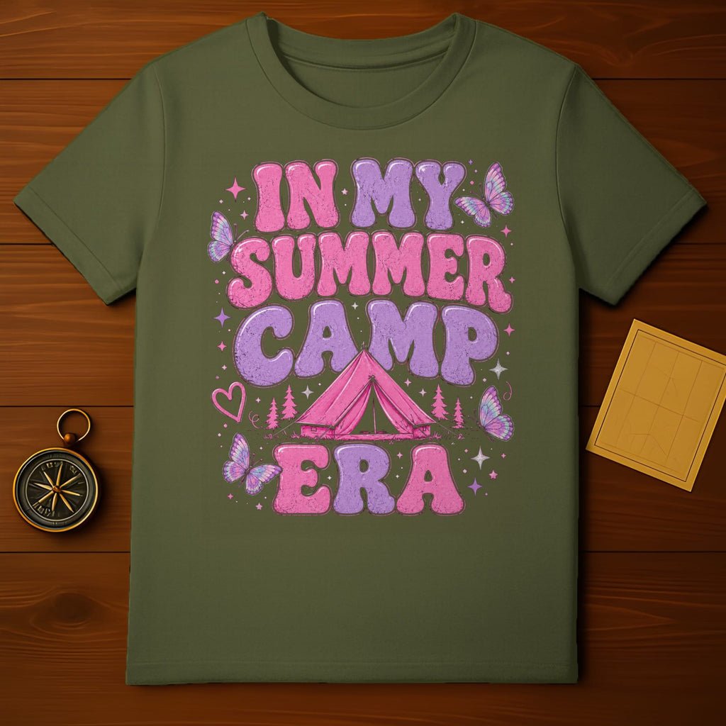Green t-shirt with "In My Summer Camp Era" text, tent, butterflies, and stars.