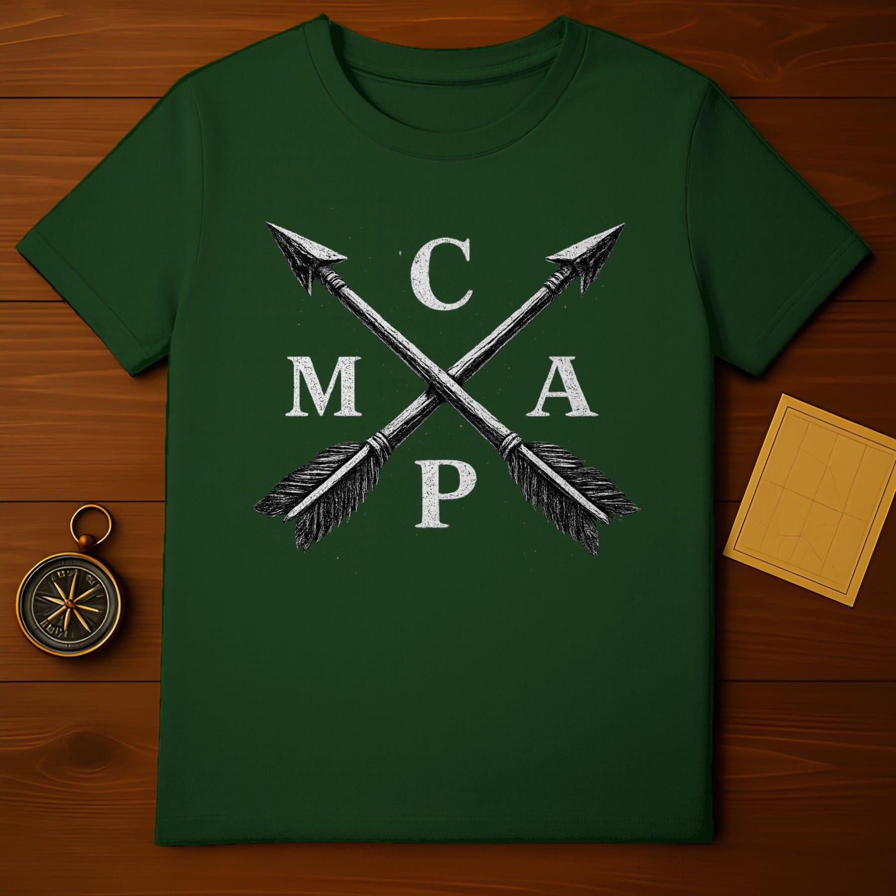 Green T-Shirt with Crossed Arrows and CAMP Design