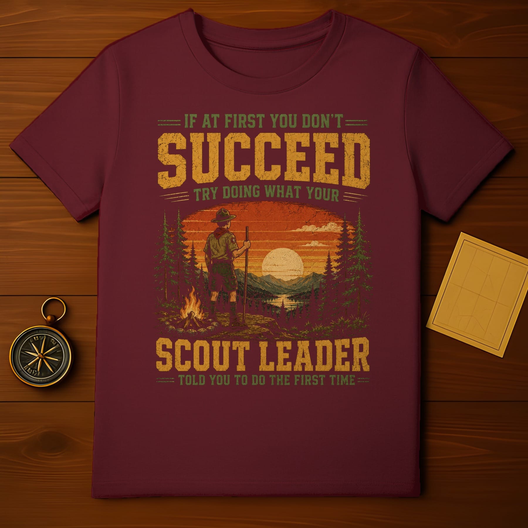 Maroon t-shirt with "If at first you don't succeed, try doing what your scout leader told you to do the first time."