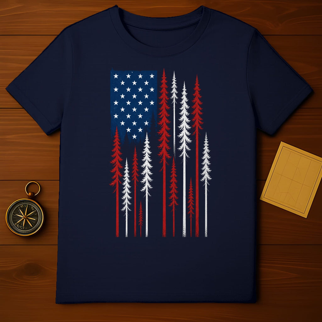 Navy t-shirt with distressed American flag and pine tree graphic.
