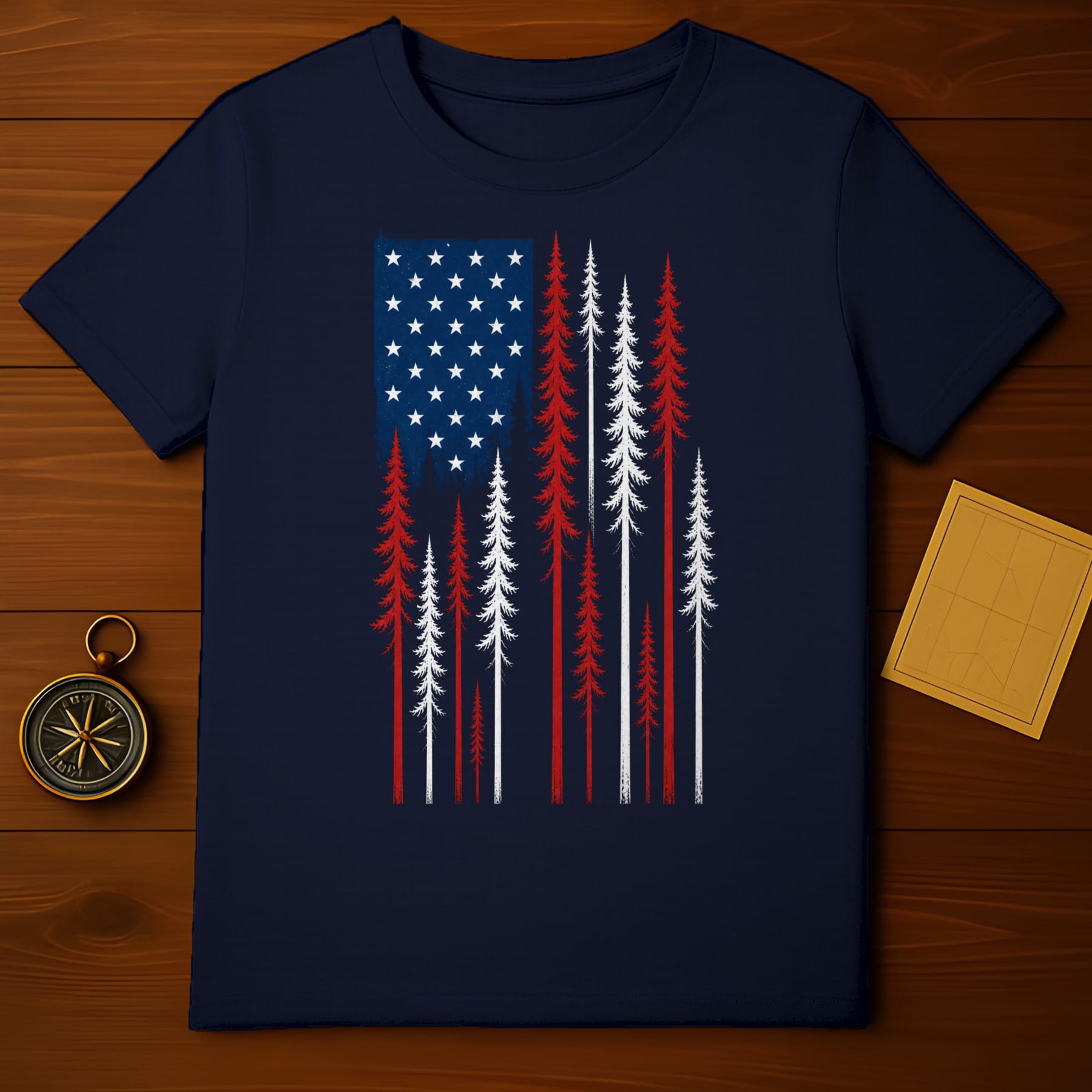 Navy t-shirt with distressed American flag and pine tree graphic.